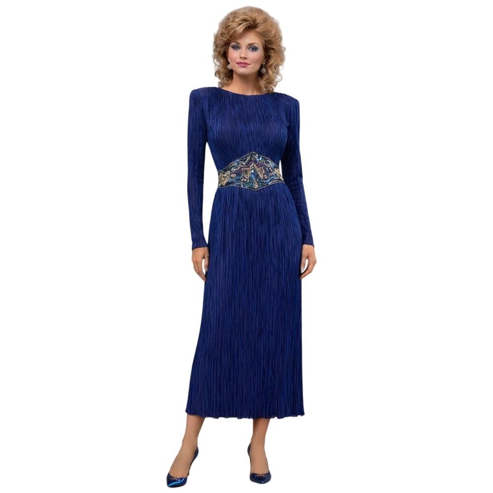 Vintage 80s Women's Small Blue Pleated Dress Sequin Belt Dress by Nuit